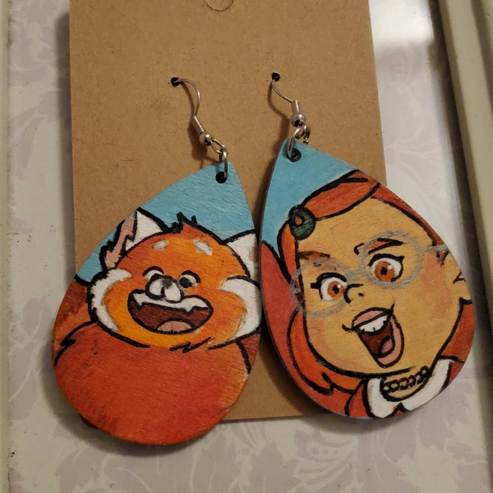 Hand painted Turning Red Wooden Earrings